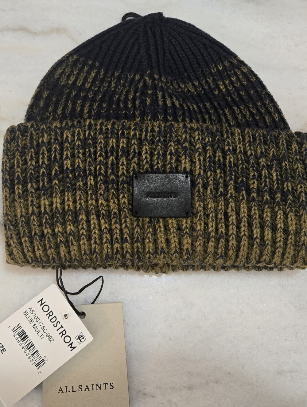 All Saints Men’s Two-Tone Olive & Black Ribbed Beanie